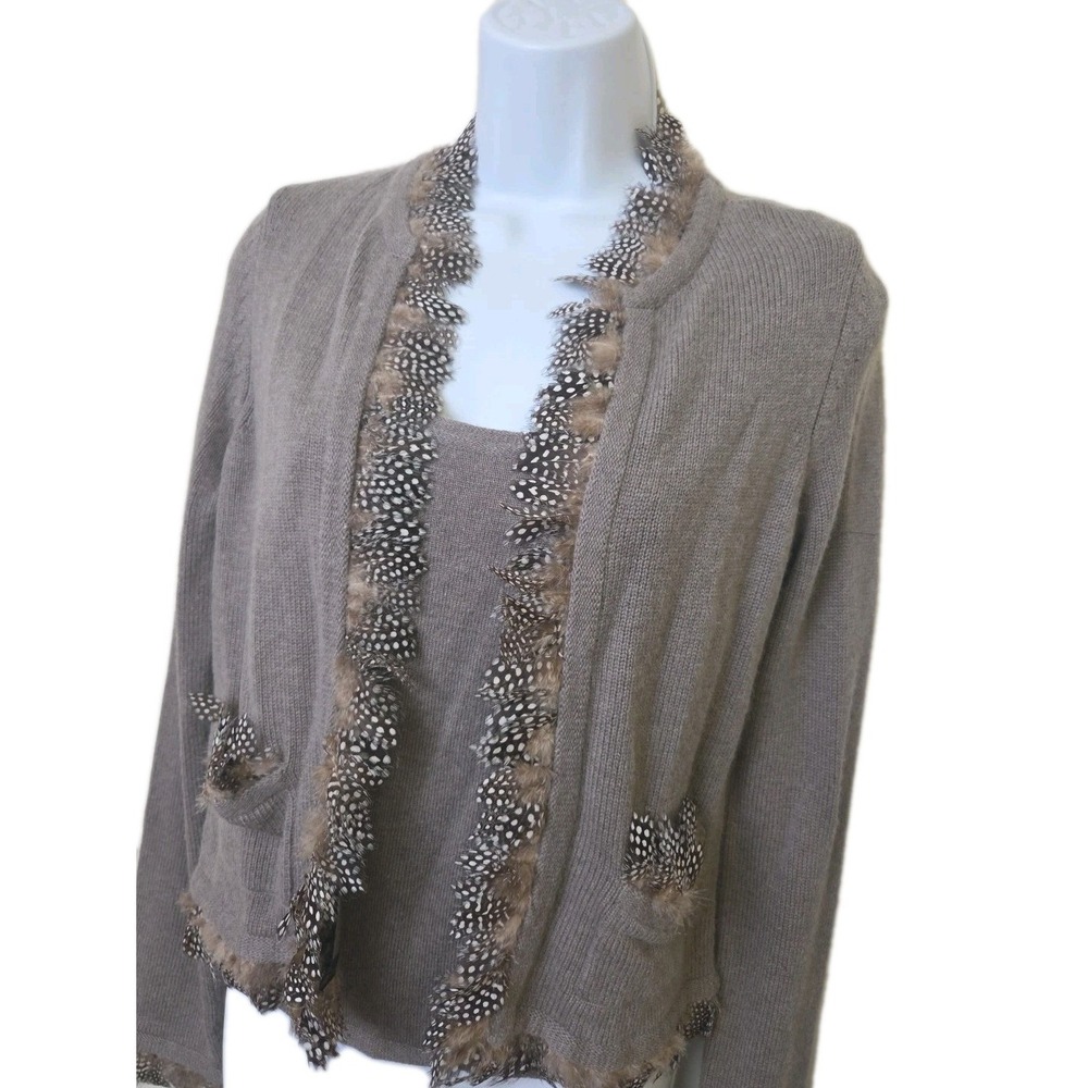 Vtg 90s Y2K Carlisle Wool Cashmere Sweater Twin Set Guinea Feather Trim Size S
